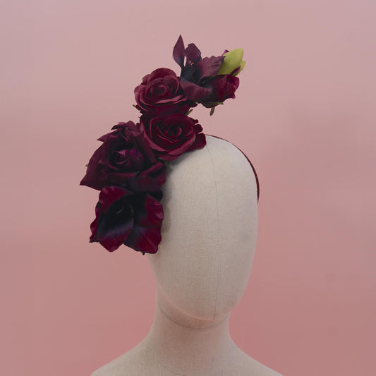 Sculptural Floating Plum Flower Headpiece | Floating Rose Headband | Flower Crown | Wedding Headpiece | Races Headpiece
