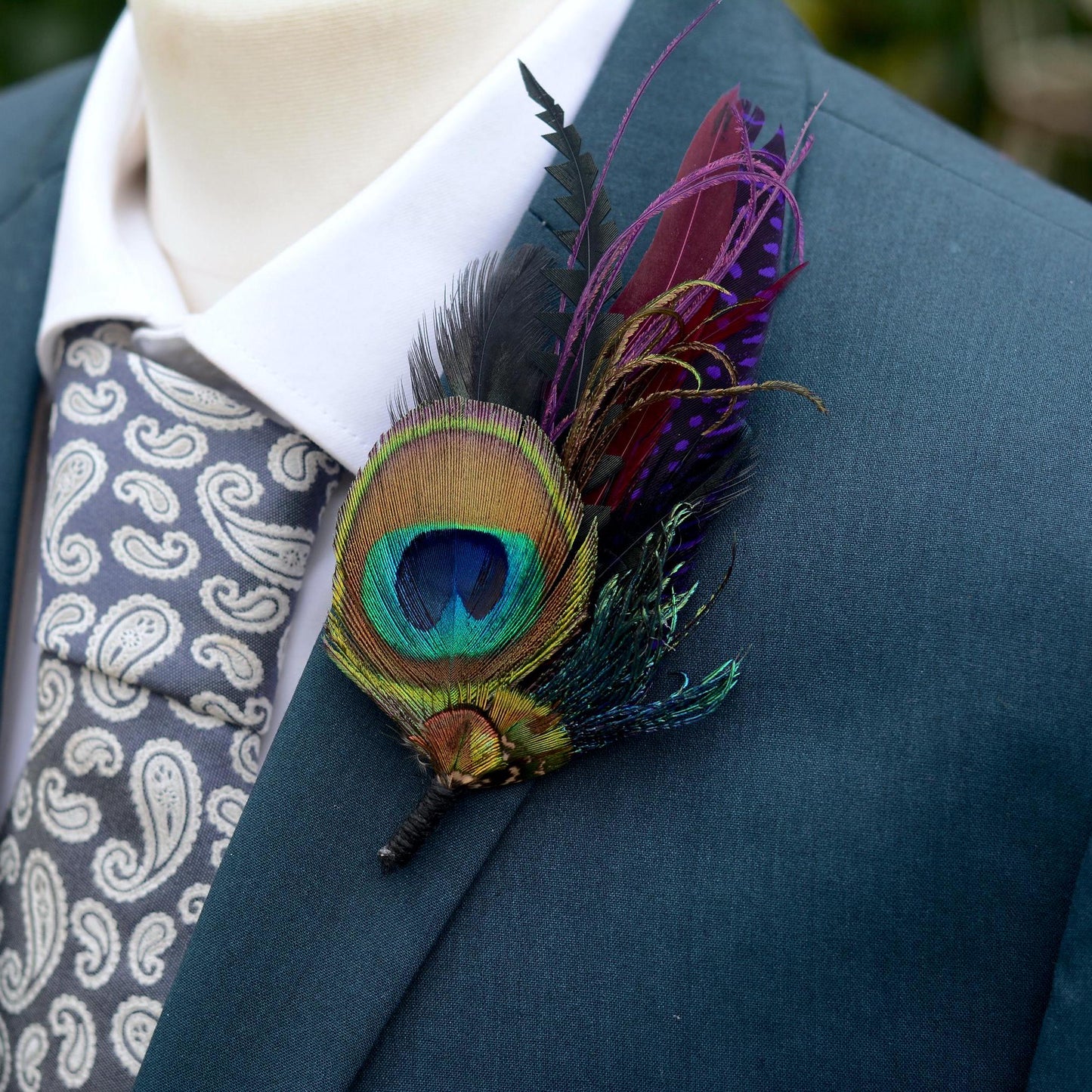 Purple and Peacock Feather Boutonniere No.325 | Feather Hat Pin