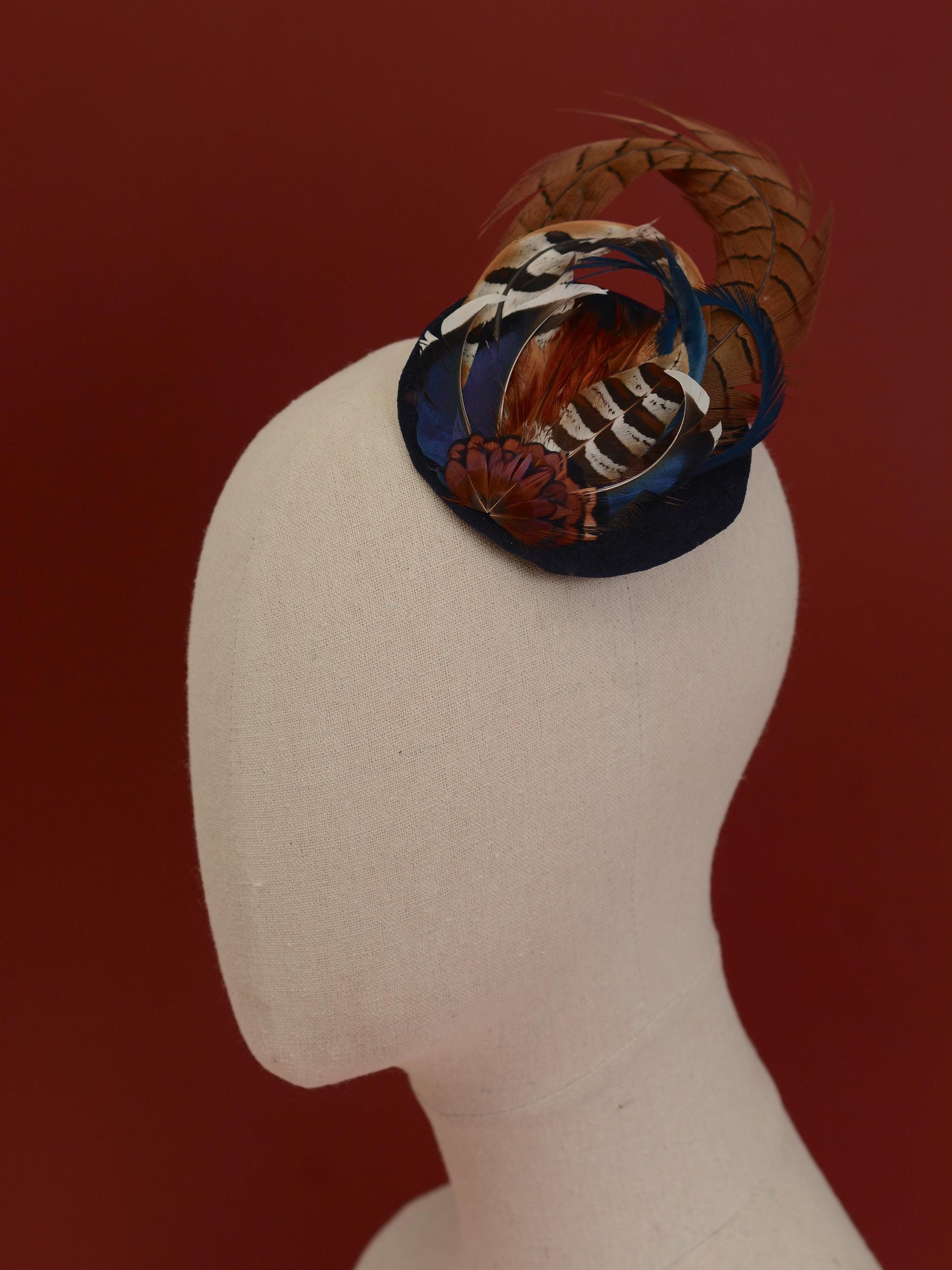 Pheasant and Duck Feather Fascinator in Navy Blue Velvet | Pheasant Feather Hat | Green Fascinator | Wedding Fascinator