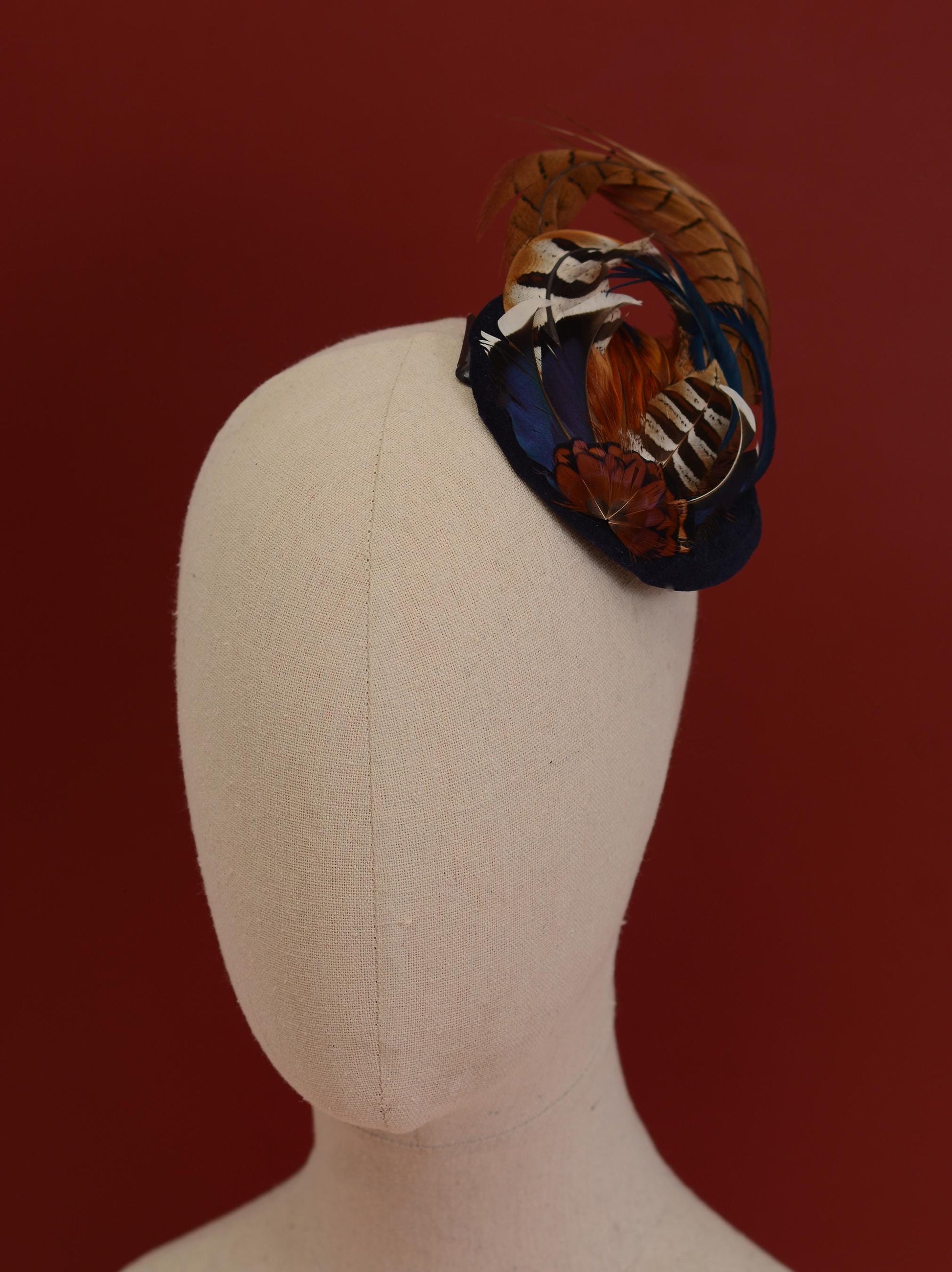 Pheasant and Duck Feather Fascinator in Navy Blue Velvet | Pheasant Feather Hat | Green Fascinator | Wedding Fascinator