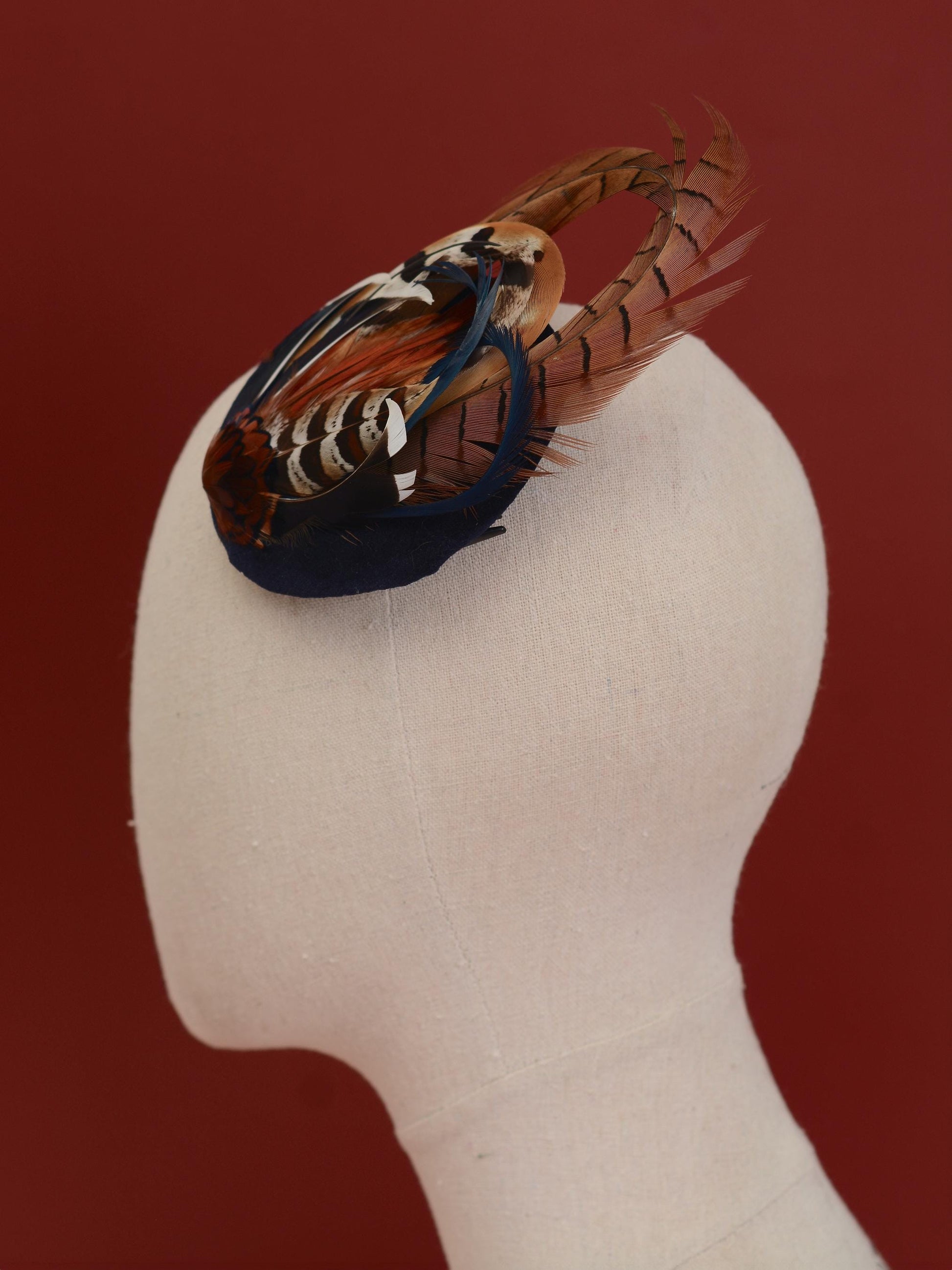 Pheasant and Duck Feather Fascinator in Navy Blue Velvet | Pheasant Feather Hat | Green Fascinator | Wedding Fascinator