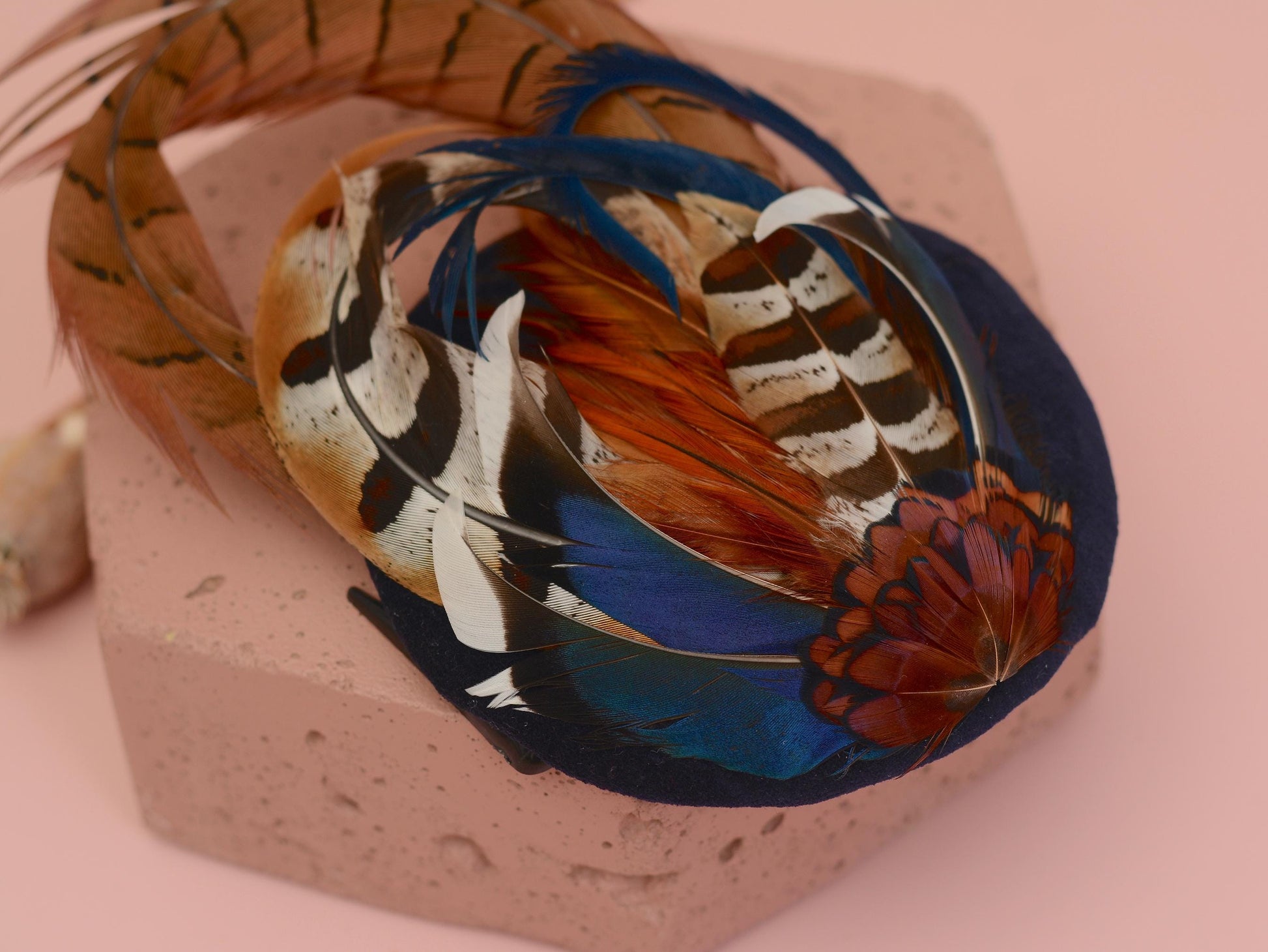 Pheasant and Duck Feather Fascinator in Navy Blue Velvet | Pheasant Feather Hat | Green Fascinator | Wedding Fascinator