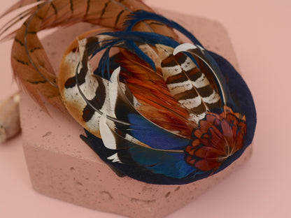 Pheasant and Duck Feather Fascinator in Navy Blue Velvet | Pheasant Feather Hat | Green Fascinator | Wedding Fascinator