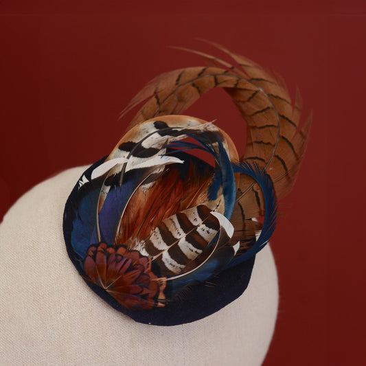 Pheasant and Duck Feather Fascinator in Navy Blue Velvet | Pheasant Feather Hat | Green Fascinator | Wedding Fascinator