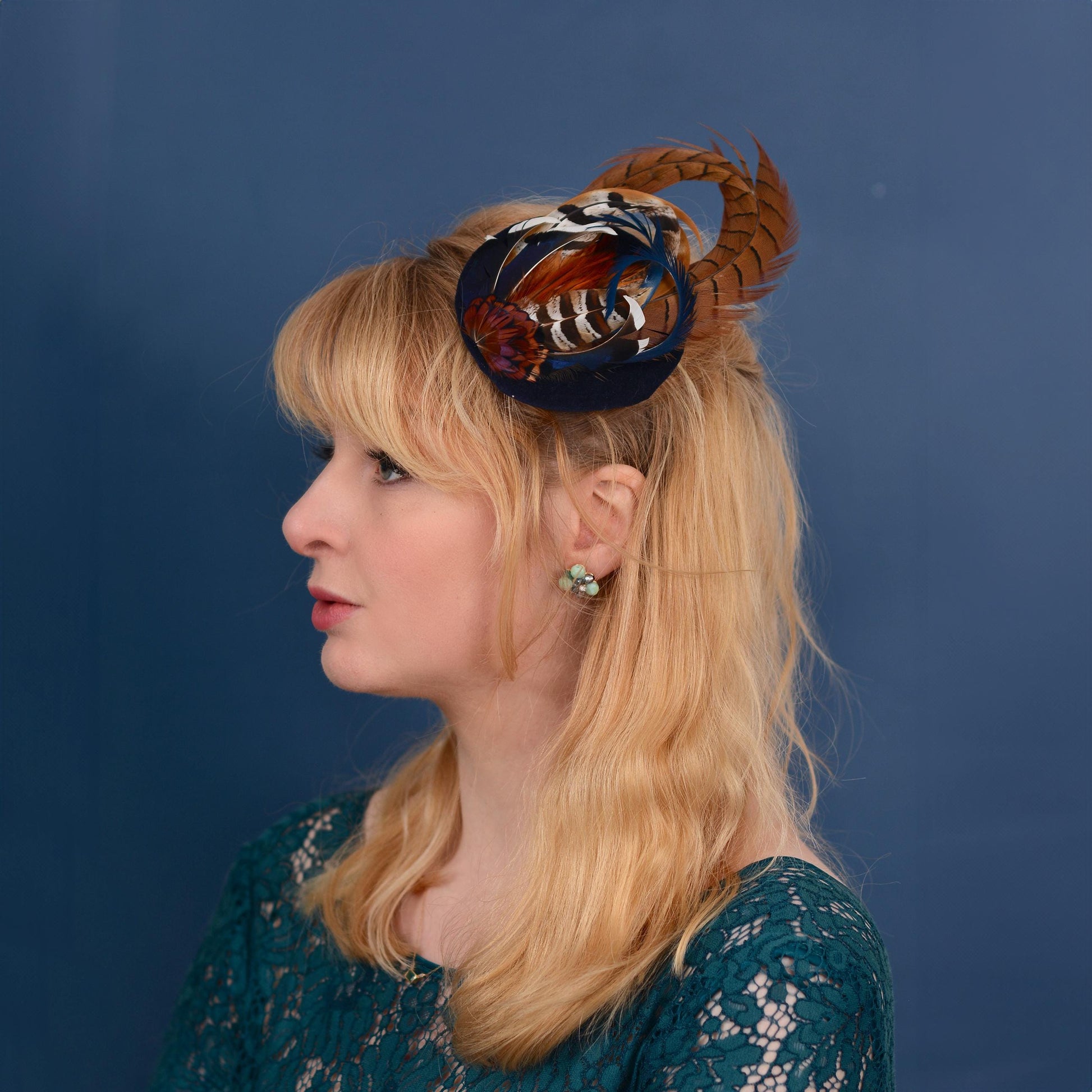 Pheasant and Duck Feather Fascinator in Navy Blue Velvet | Pheasant Feather Hat | Green Fascinator | Wedding Fascinator