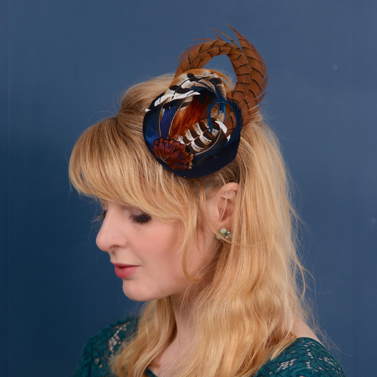 Pheasant and Duck Feather Fascinator in Navy Blue Velvet | Pheasant Feather Hat | Green Fascinator | Wedding Fascinator