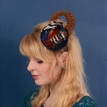 Pheasant and Duck Feather Fascinator in Navy Blue Velvet | Pheasant Feather Hat | Green Fascinator | Wedding Fascinator