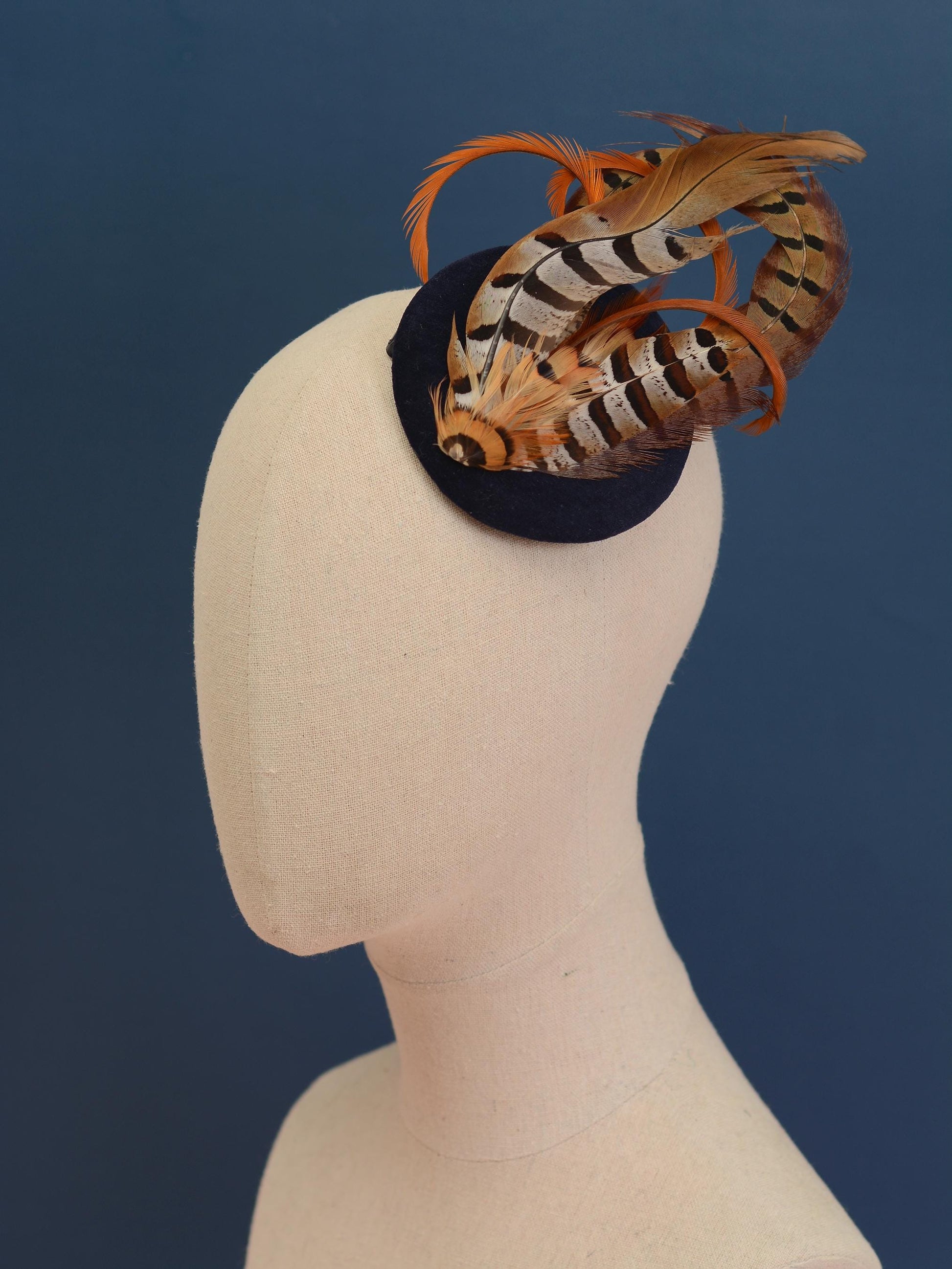 Copper Pheasant Feather Fascinator in Navy Blue Velvet | Pheasant Feather Hat | Green Fascinator | Wedding Fascinator