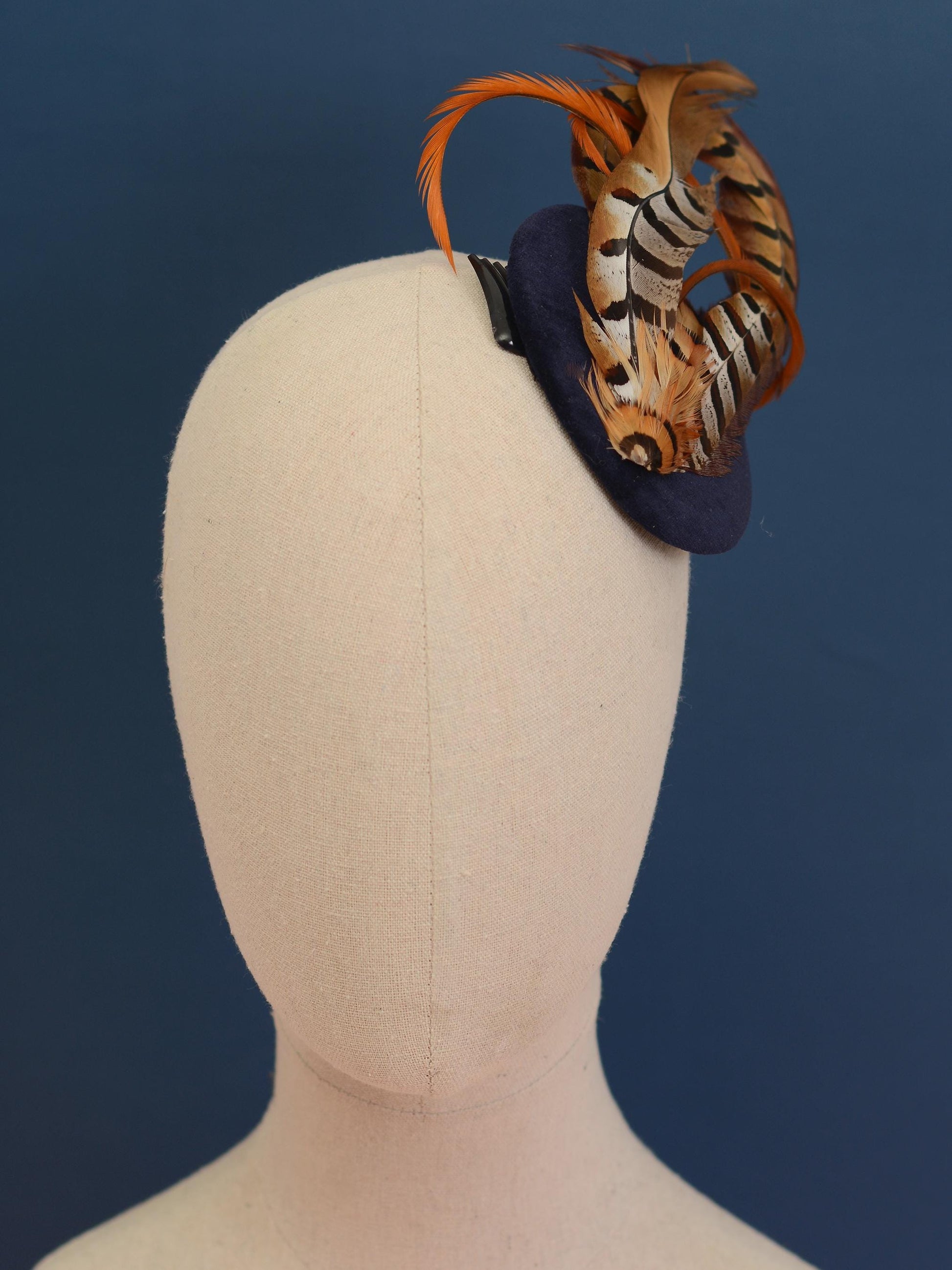 Copper Pheasant Feather Fascinator in Navy Blue Velvet | Pheasant Feather Hat | Green Fascinator | Wedding Fascinator