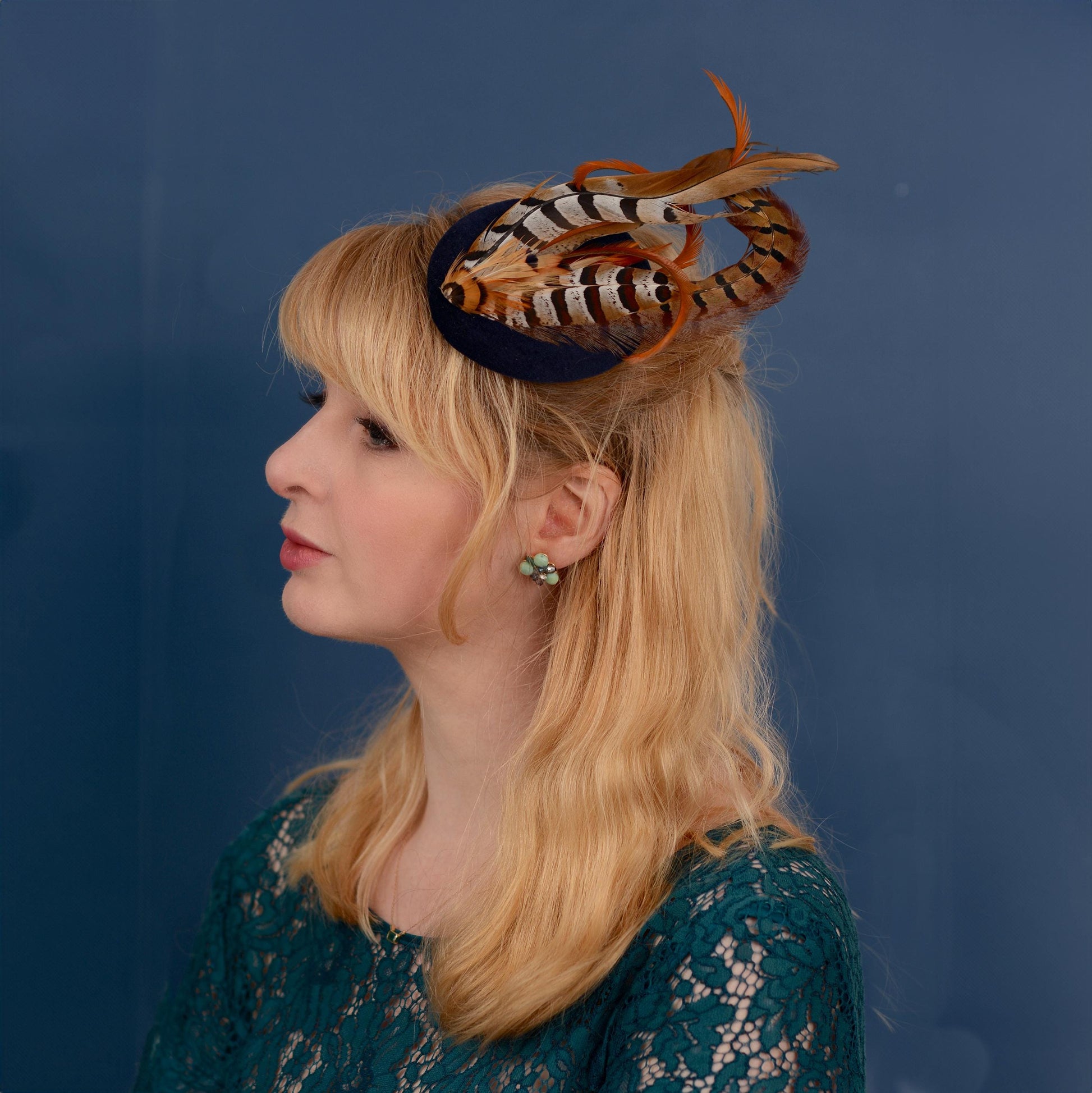 Copper Pheasant Feather Fascinator in Navy Blue Velvet | Pheasant Feather Hat | Green Fascinator | Wedding Fascinator