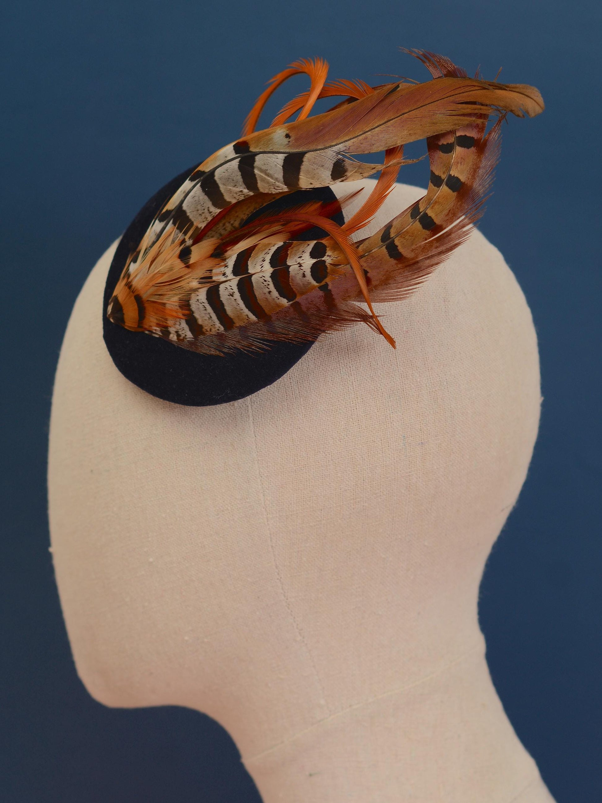Copper Pheasant Feather Fascinator in Navy Blue Velvet | Pheasant Feather Hat | Green Fascinator | Wedding Fascinator