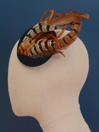 Copper Pheasant Feather Fascinator in Navy Blue Velvet | Pheasant Feather Hat | Green Fascinator | Wedding Fascinator