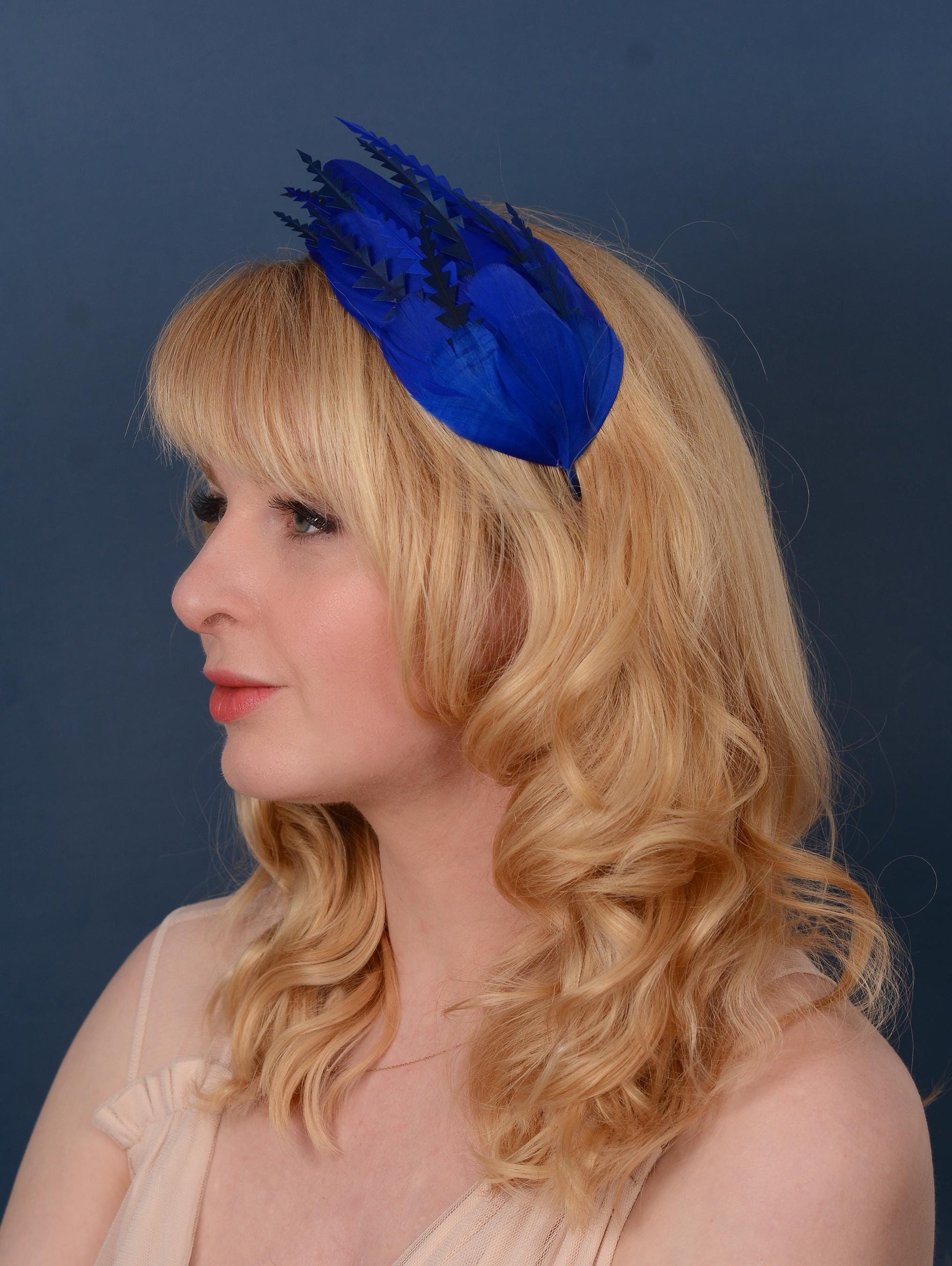 Cobalt Blue Feather Fascinator Headband No.006 | Blue Feather Headband | Blue Feather Headpiece