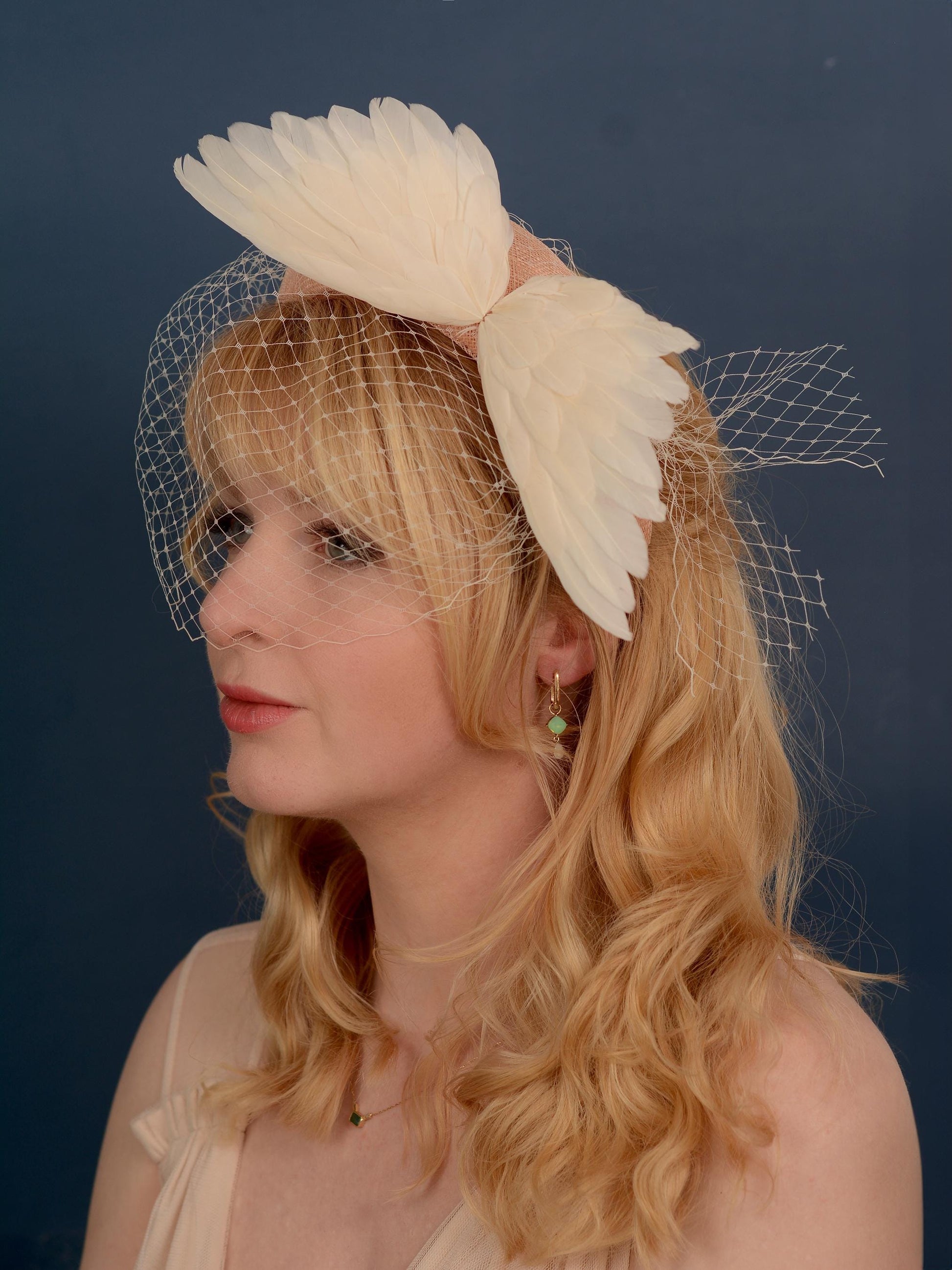 Blush Pink and Ivory Bird Wings Bandeau Headband Fascinator with Ivory Birdcage Veil