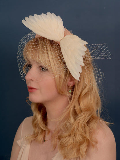 Blush Pink and Ivory Bird Wings Bandeau Headband Fascinator with Ivory Birdcage Veil