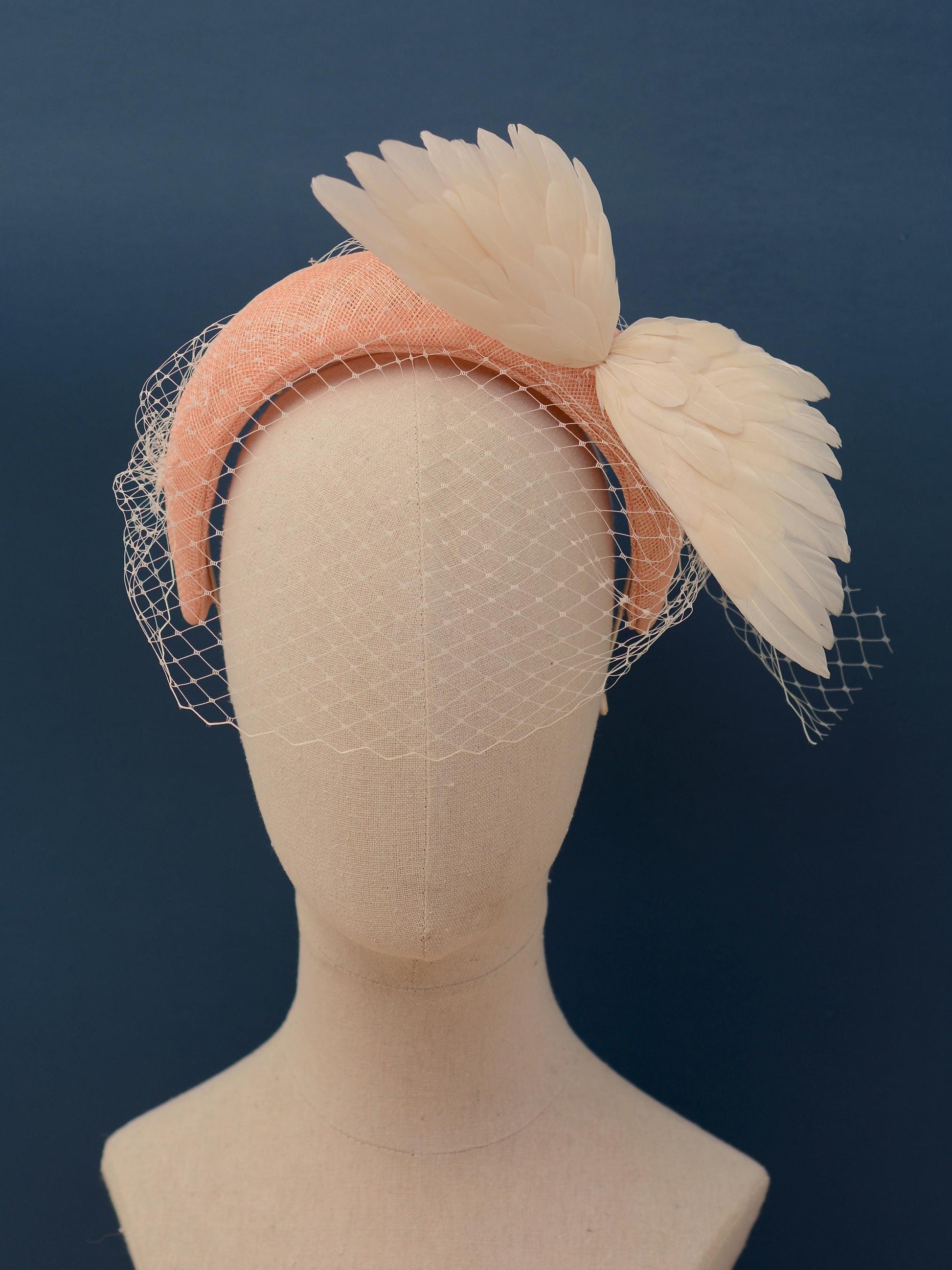 Blush Pink and Ivory Bird Wings Bandeau Headband Fascinator with Ivory Birdcage Veil