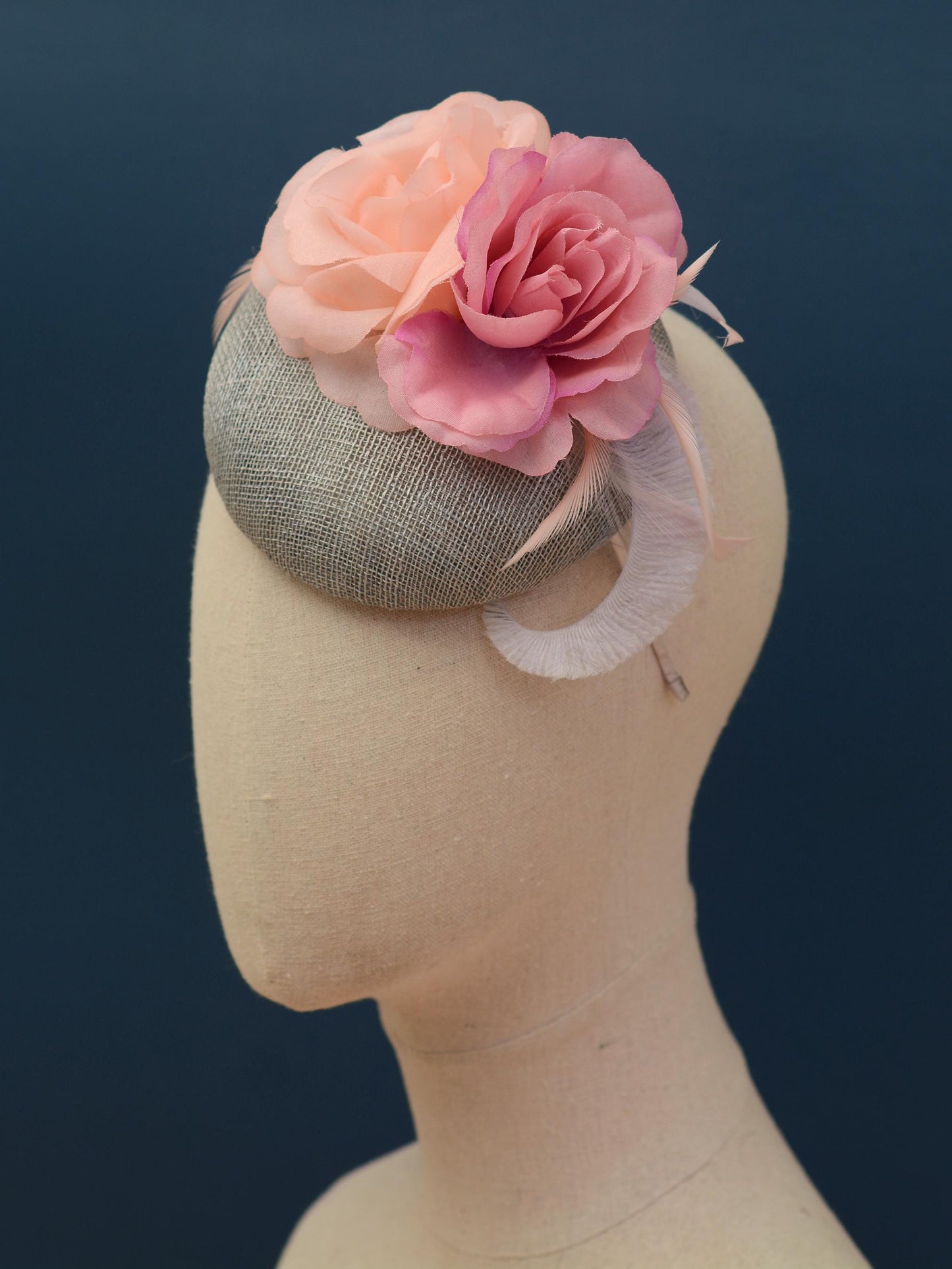 Grey and Pink Button Fascinator with Flowers and Feathers