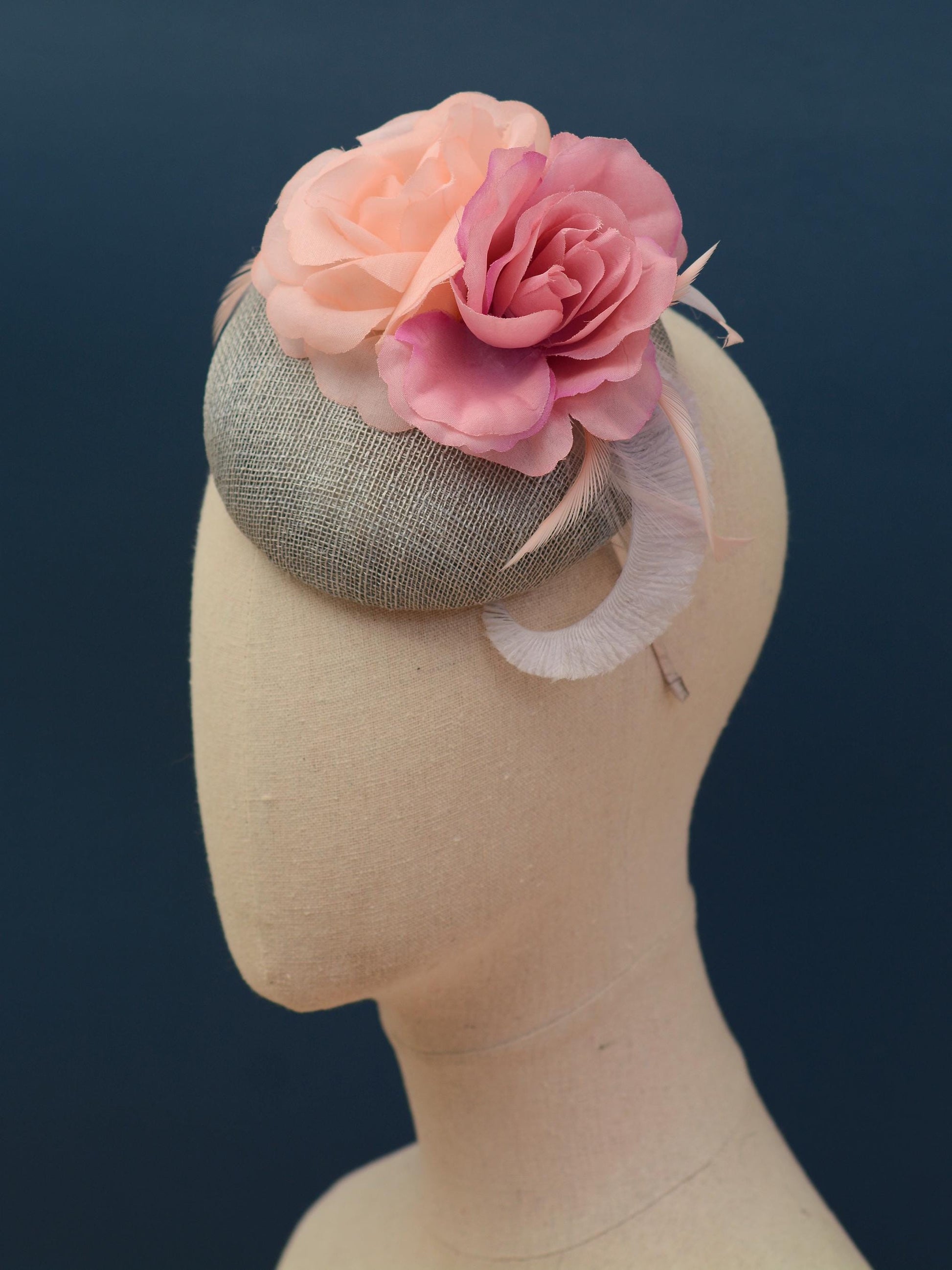 Grey and Pink Button Fascinator with Flowers and Feathers