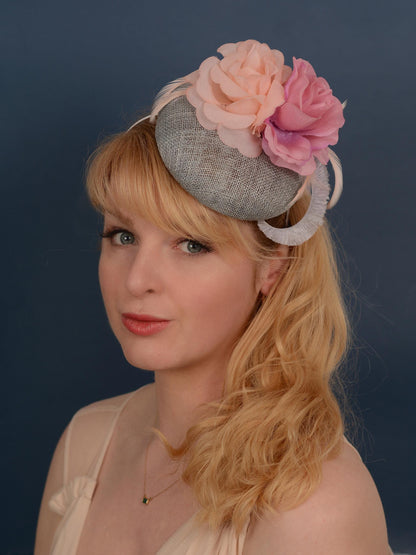 Grey and Pink Button Fascinator with Flowers and Feathers