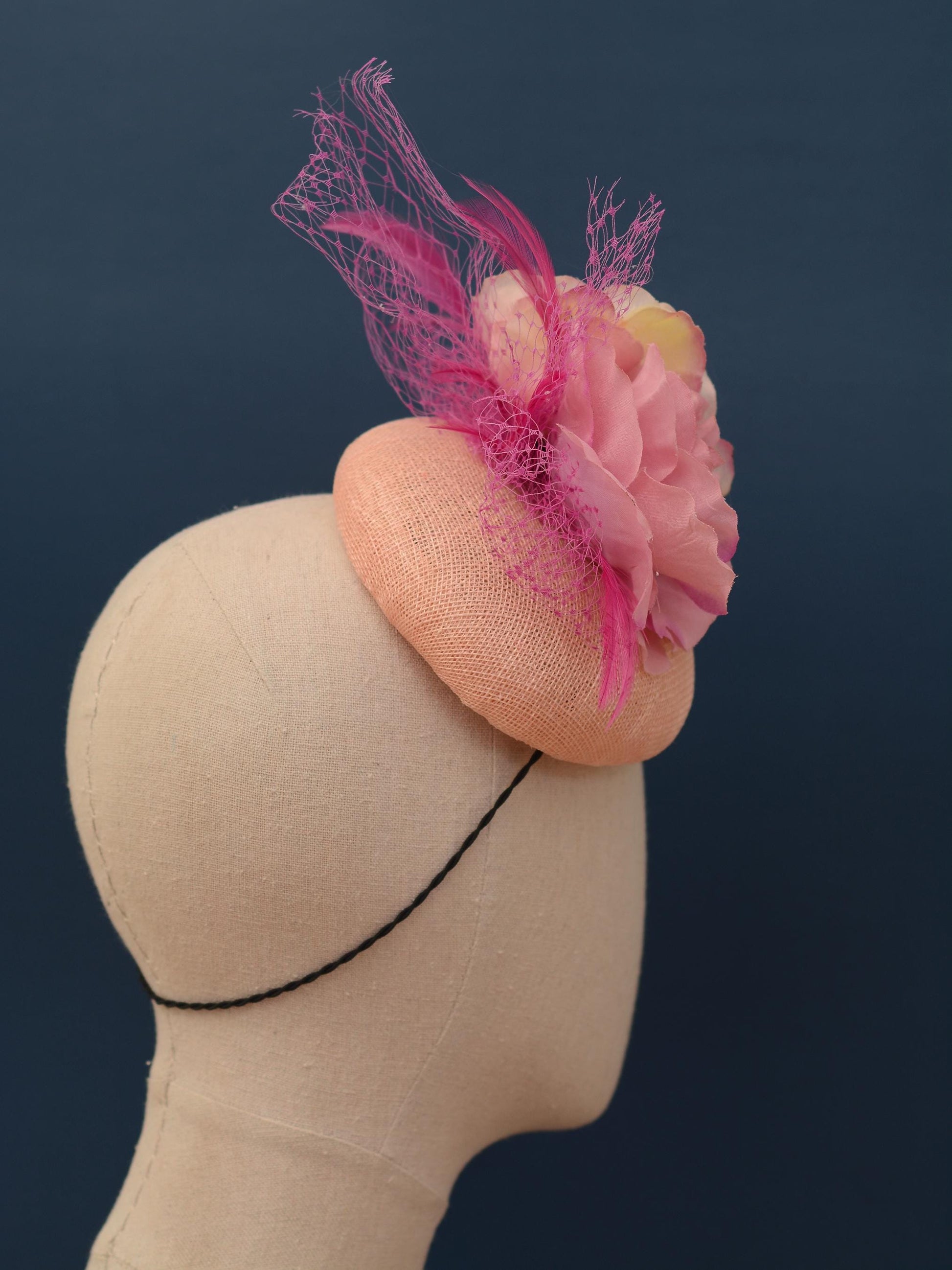 Grey and Pink Button Fascinator with Flowers and Feathers