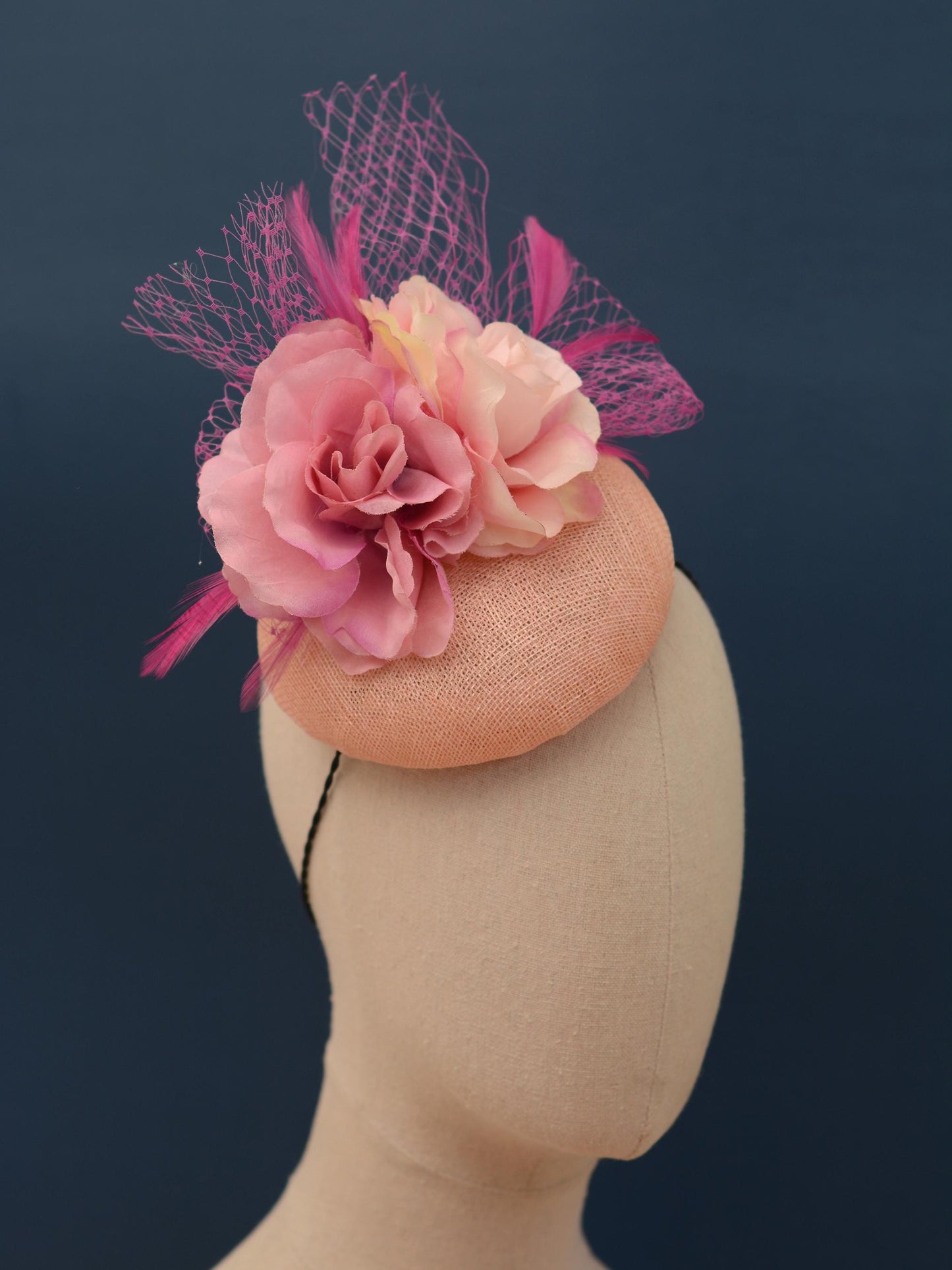 Grey and Pink Button Fascinator with Flowers and Feathers