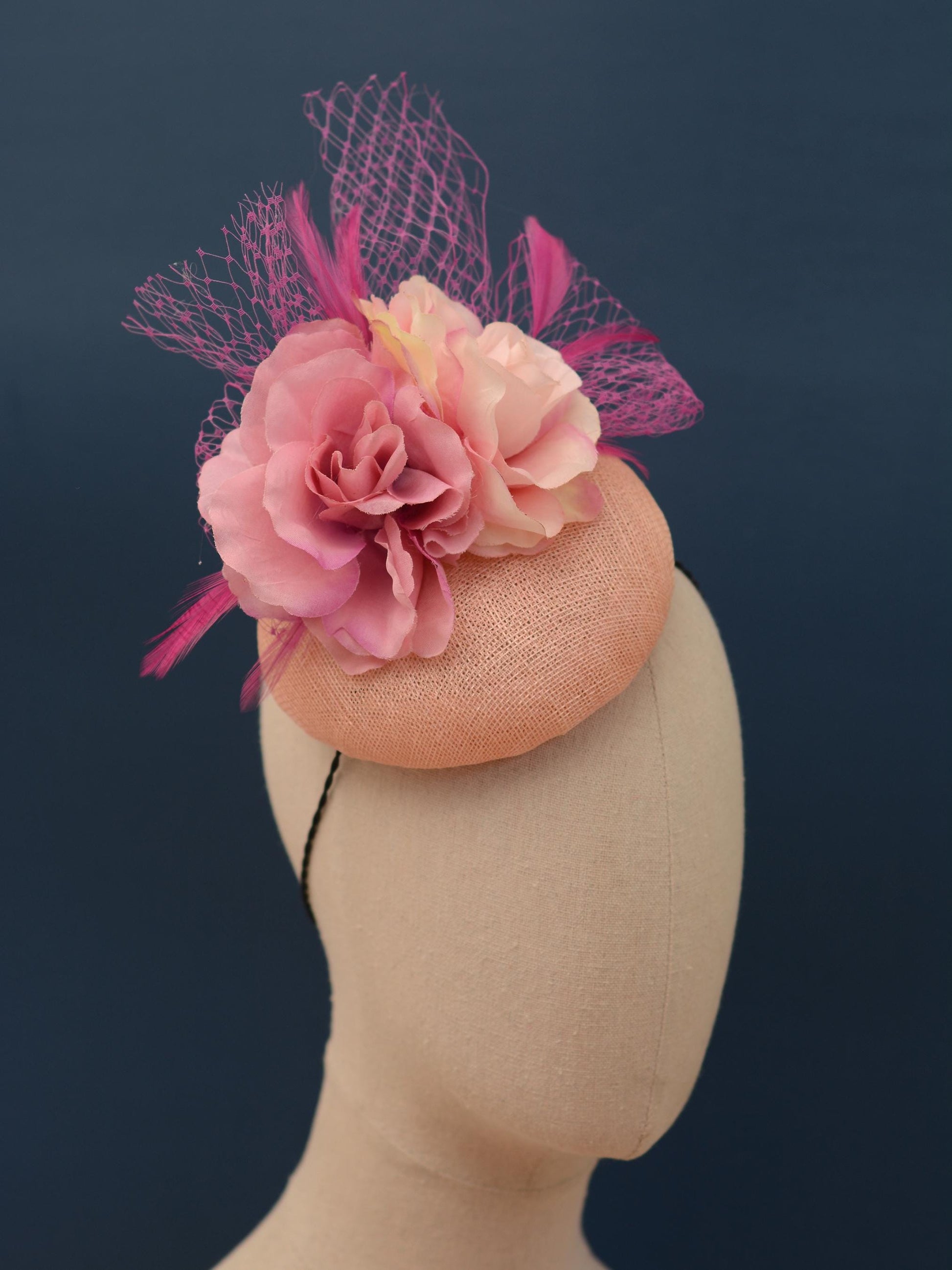 Grey and Pink Button Fascinator with Flowers and Feathers