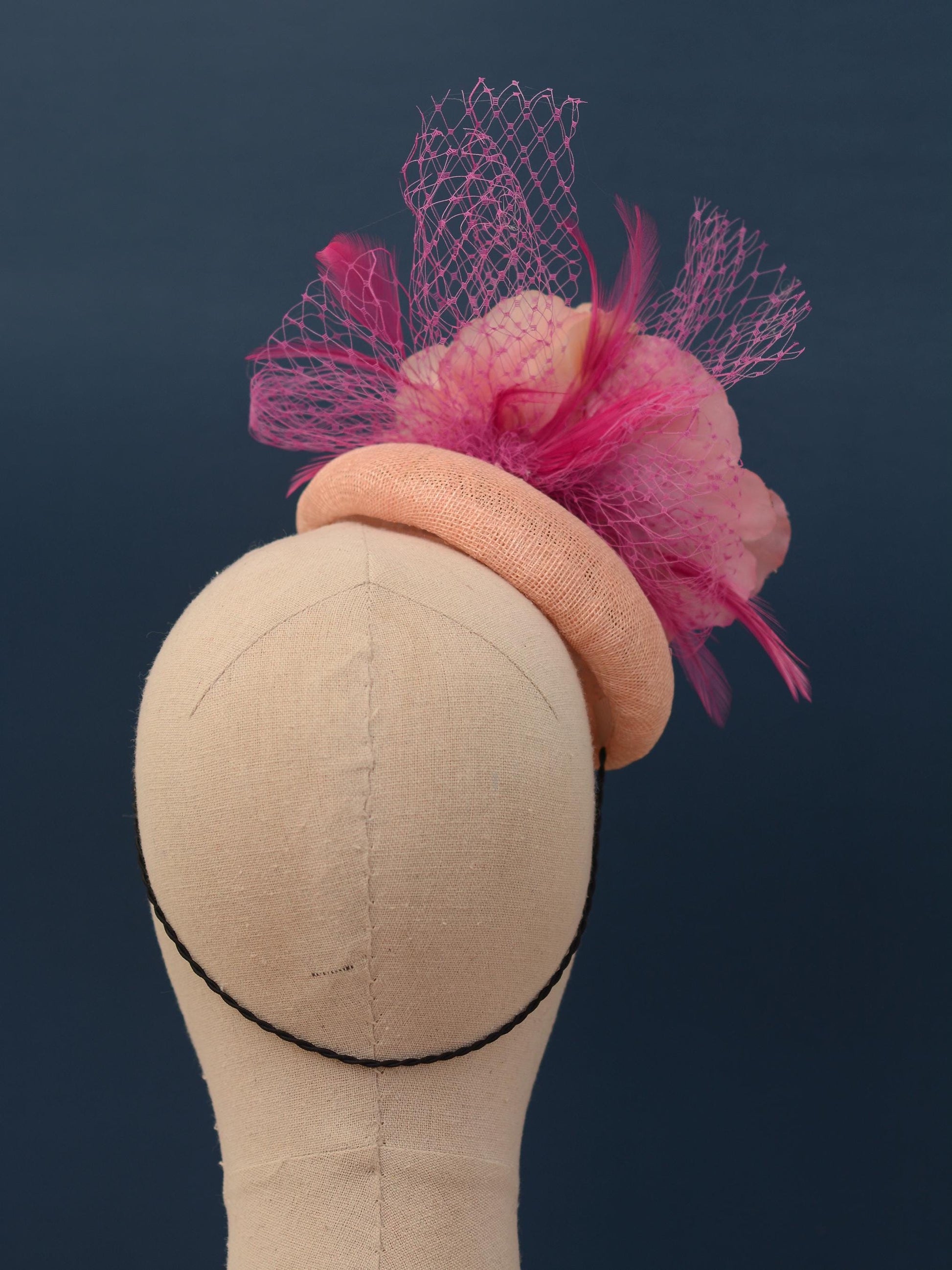Grey and Pink Button Fascinator with Flowers and Feathers