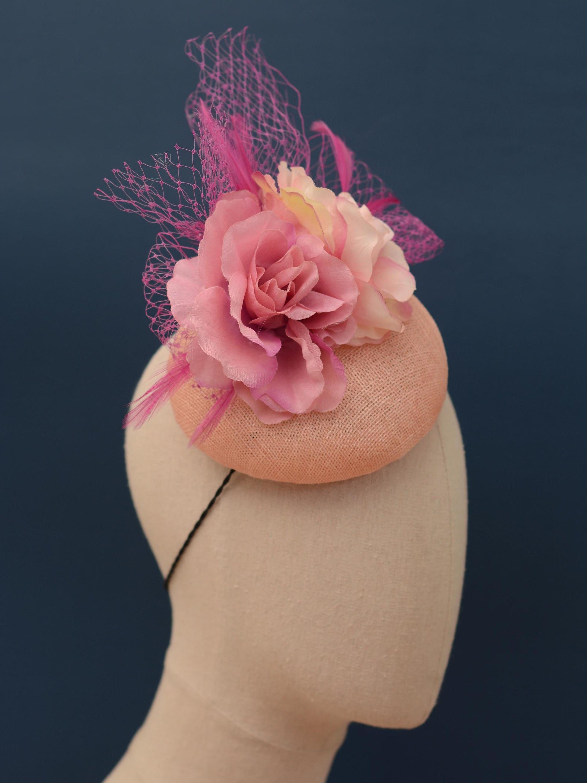 Grey and Pink Button Fascinator with Flowers and Feathers