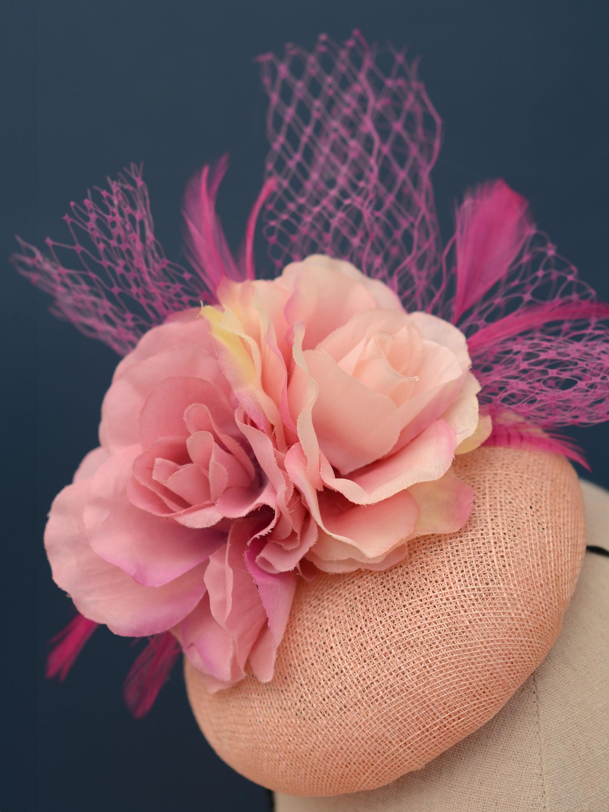 Grey and Pink Button Fascinator with Flowers and Feathers