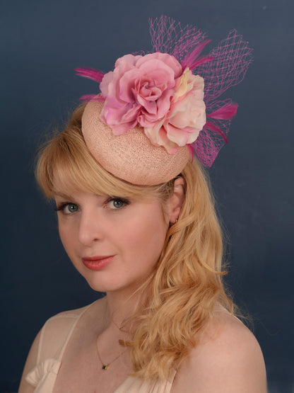 Grey and Pink Button Fascinator with Flowers and Feathers