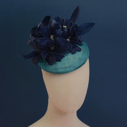 Navy Blue and Teal Feather Flower Button Hat Fascinator