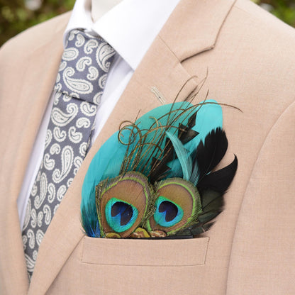 Teal and Green Peacock Feather Pocket Square No.209 | Suit Accessory | Feather Neck Tie | Grooms Outfit | Groomsmen Gift | Wedding