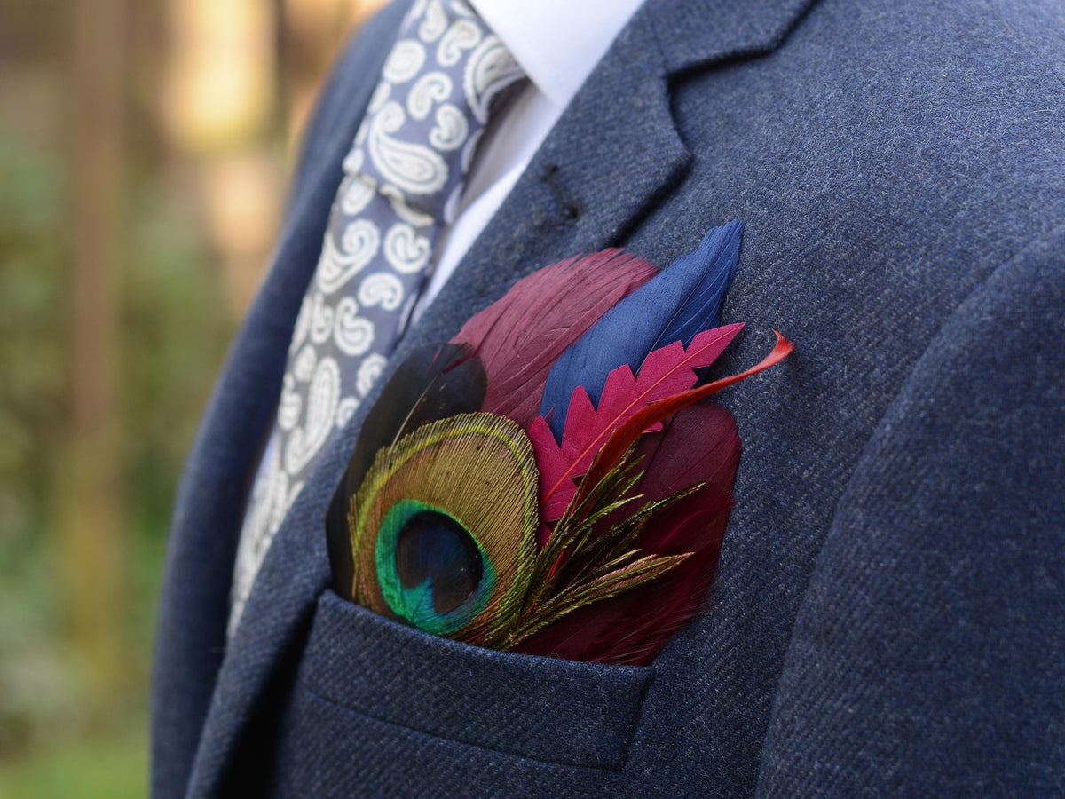Plum, Navy and Peacock Feather Pocket Square No.178 | Suit Accessory | Feather Neck Tie | Grooms Outfit | Groomsmen | Wedding