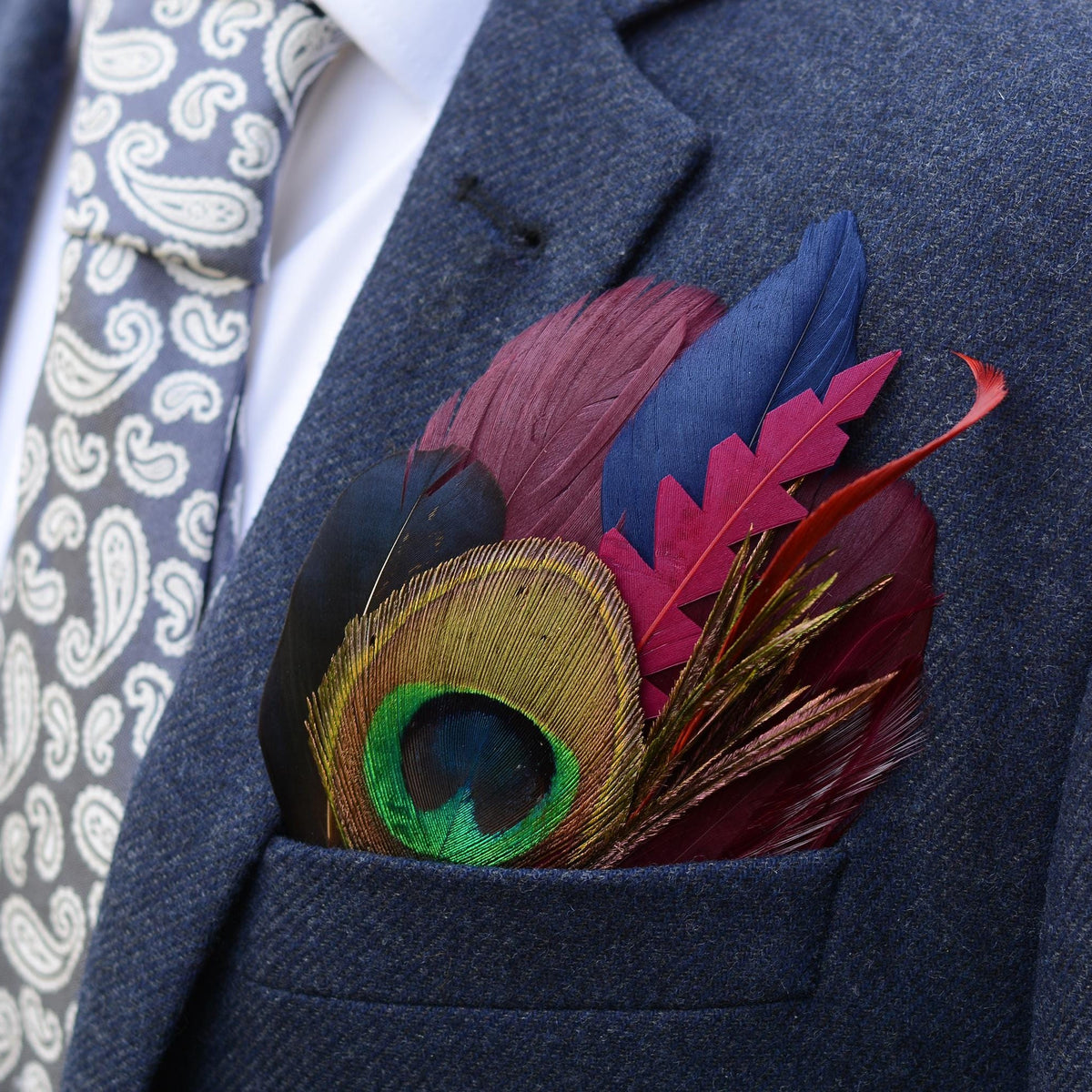 Plum, Navy and Peacock Feather Pocket Square No.178 | Suit Accessory | Feather Neck Tie | Grooms Outfit | Groomsmen | Wedding