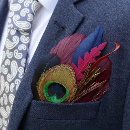 Plum, Navy and Peacock Feather Pocket Square No.178 | Suit Accessory | Feather Neck Tie | Grooms Outfit | Groomsmen | Wedding