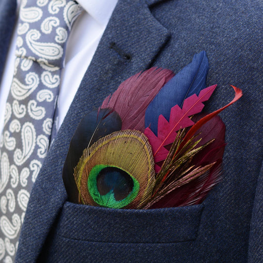 Plum, Navy and Peacock Feather Pocket Square No.178 | Suit Accessory | Feather Neck Tie | Grooms Outfit | Groomsmen | Wedding