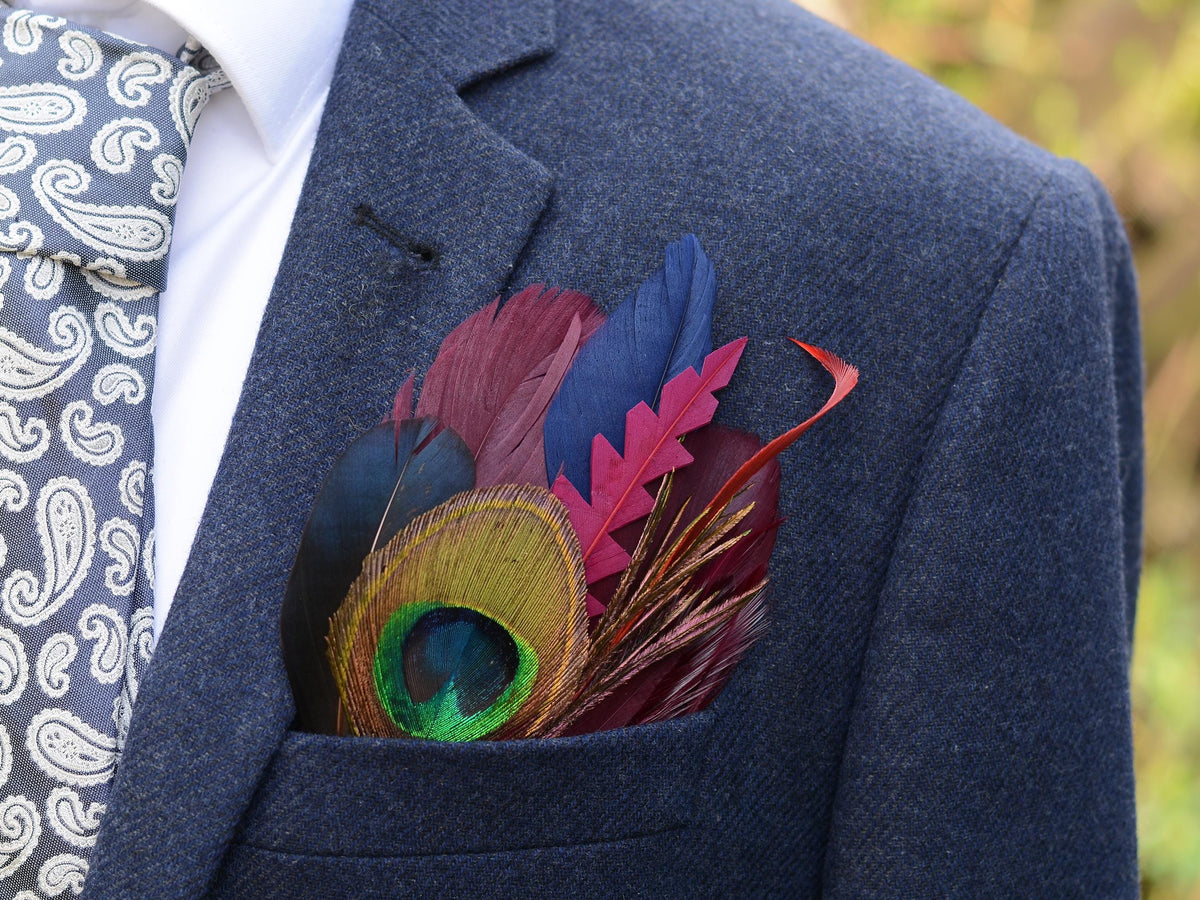 Plum, Navy and Peacock Feather Pocket Square No.178 | Suit Accessory | Feather Neck Tie | Grooms Outfit | Groomsmen | Wedding