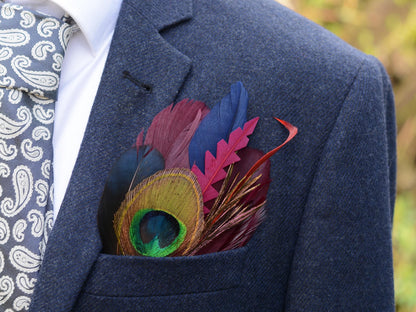 Plum, Navy and Peacock Feather Pocket Square No.178 | Suit Accessory | Feather Neck Tie | Grooms Outfit | Groomsmen | Wedding