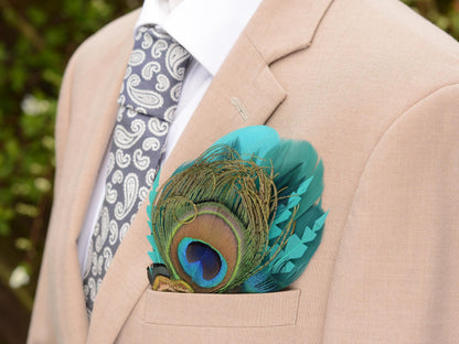Teal and Turquoise Green Peacock Feather Pocket Square No.234| Suit Accessory | Feather Neck Tie | Grooms Outfit | Groomsmen Gift