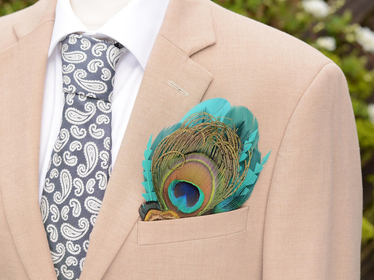 Teal and Turquoise Green Peacock Feather Pocket Square No.234| Suit Accessory | Feather Neck Tie | Grooms Outfit | Groomsmen Gift