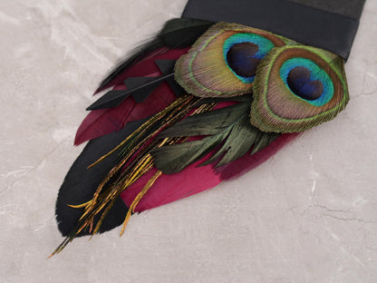 Burgundy Purple, Black and Peacock Eye Feather Pocket Square No.231 | Suit Accessory | Feather Neck Tie | Grooms Outfit | Groomsmen Gift