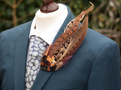 Luxury Pheasant Feather Hat Pin No.327 | Unique Pheasant Feather Boutonniere | Pheasant Feather Brooch
