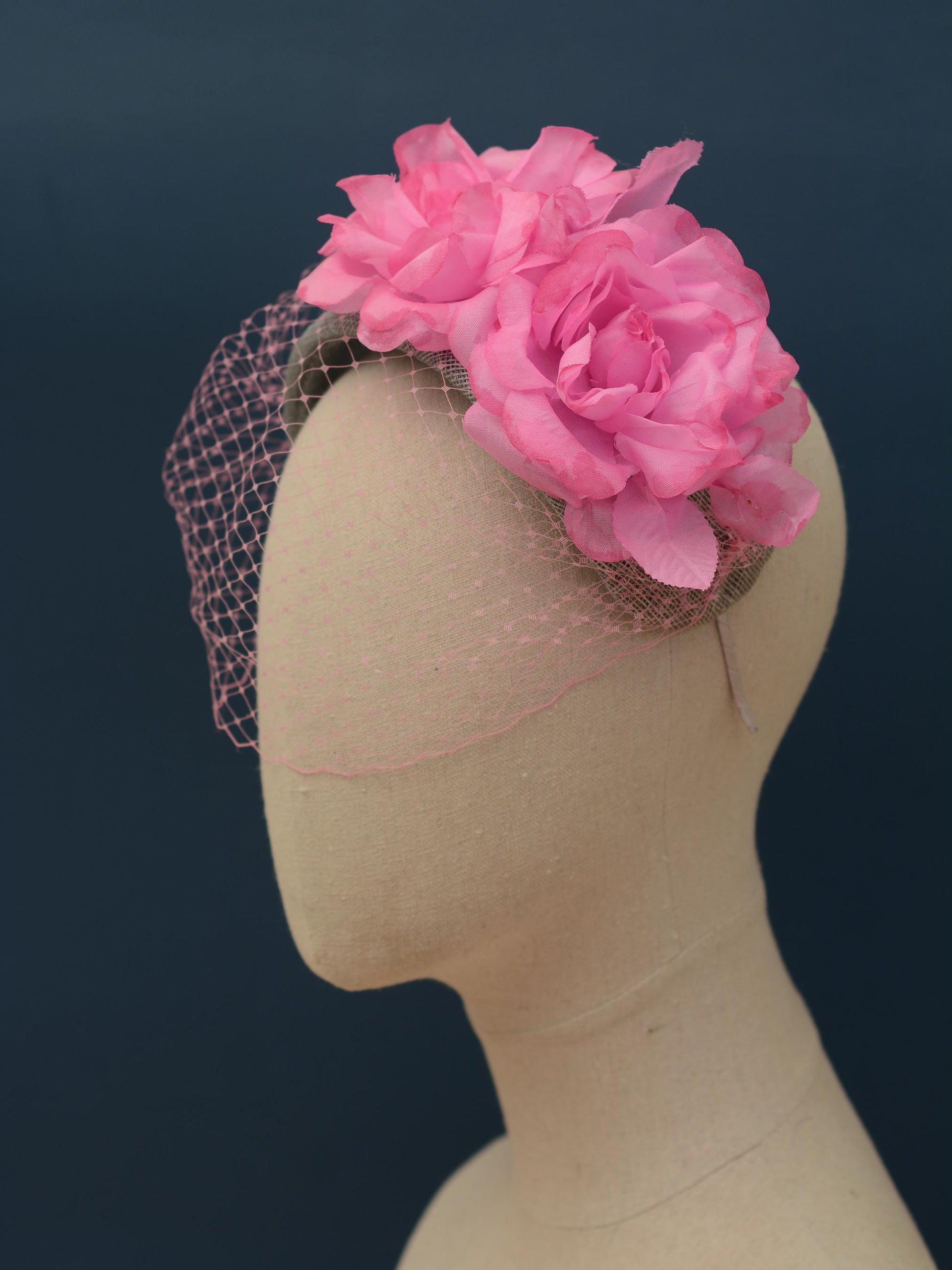 Grey and Pink Bandeau Headband Fascinator with Flowers and Net Veil