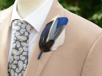 Duck Feather Brooch Hat Pin in Shades of Blue No.319 | Feather Boutonniere | Feather Hat Pin | Grooms Outfit