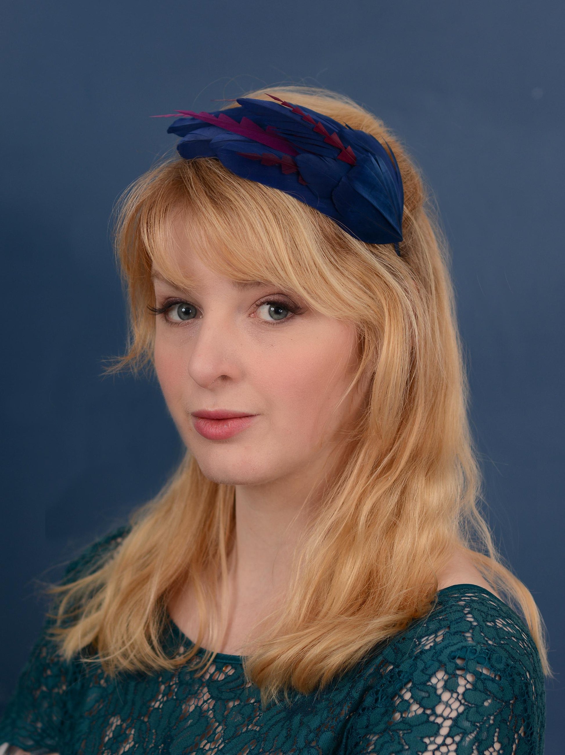 Navy Blue and Burgundy Feather Fascinator Headband No.003 | Blue Feather Headband | Blue Feather Headpiece