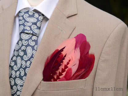 Ombre Crimson and Coral Goose Feather Pocket Square No.286 | Suit Accessory | Feather Neck Tie | Grooms Outfit | Groomsmen