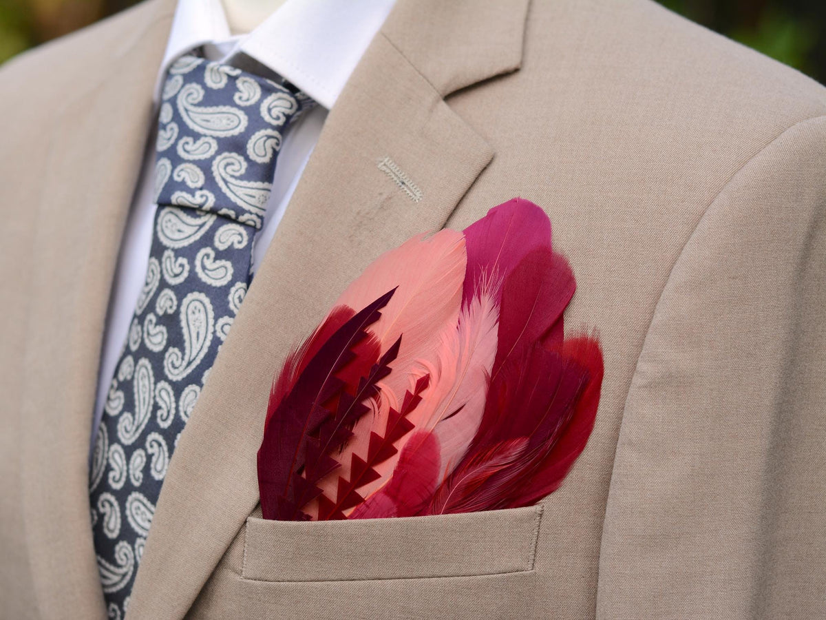 Ombre Crimson and Coral Goose Feather Pocket Square No.286 | Suit Accessory | Feather Neck Tie | Grooms Outfit | Groomsmen