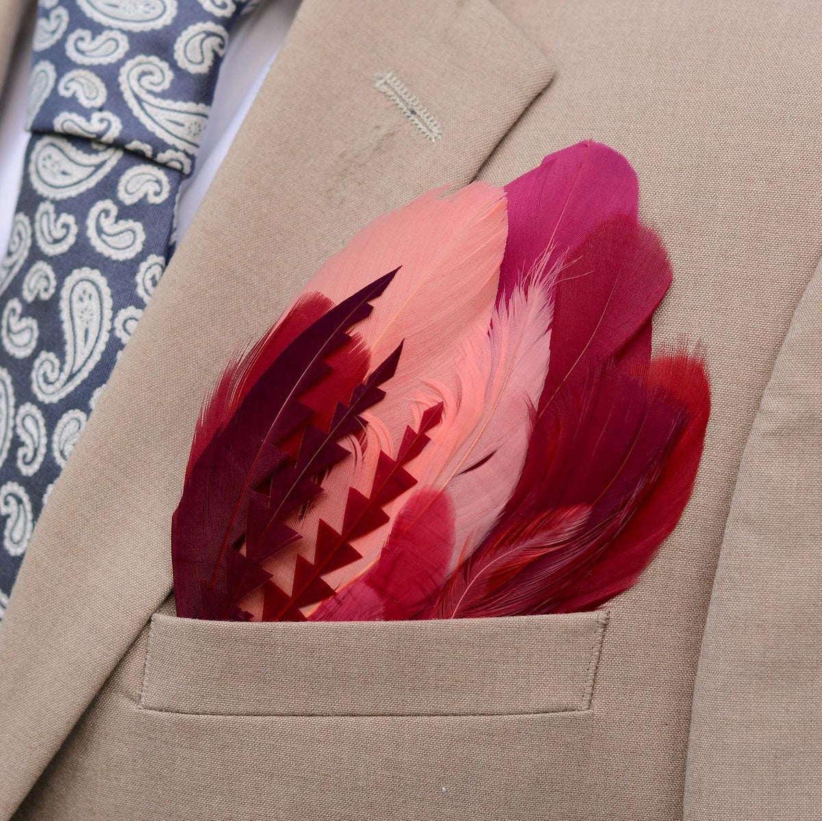 Ombre Crimson and Coral Goose Feather Pocket Square No.286 | Suit Accessory | Feather Neck Tie | Grooms Outfit | Groomsmen