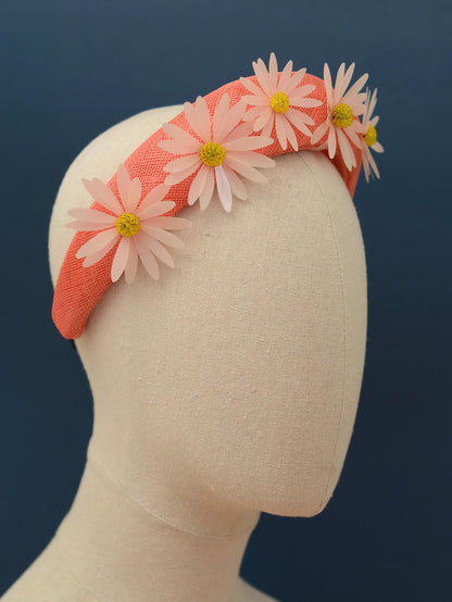 Coral Pink and Sequin Daisy Bandeau Headband Fascinator | Feather Hat | Wedding Fascinator