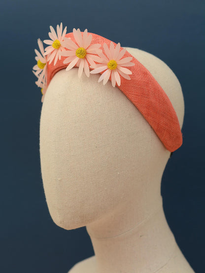 Coral Pink and Sequin Daisy Bandeau Headband Fascinator | Feather Hat | Wedding Fascinator
